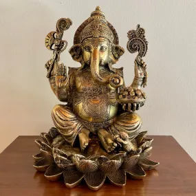 11 Inches Lotus Lord Ganesh Brass Idol - Ganpati Decorative Statue for Home Decor