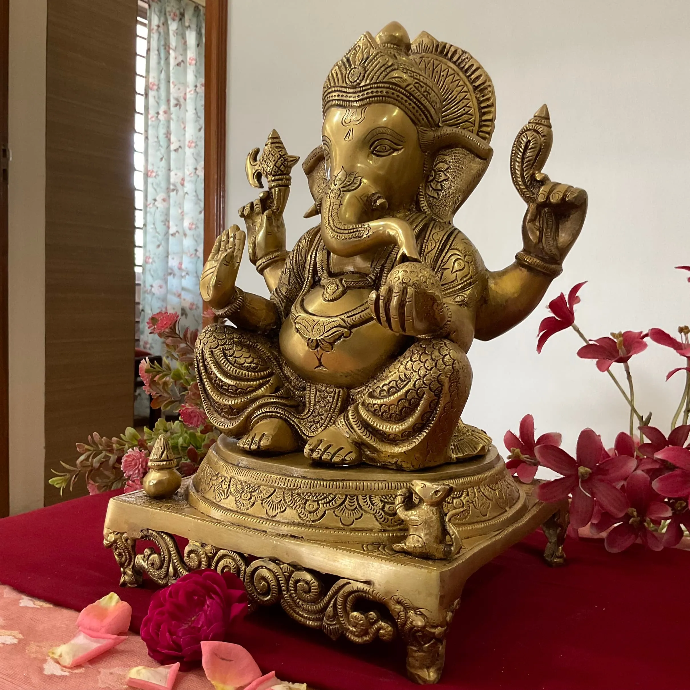 15 Inch Lord Ganesh Brass Idol - Ganpati Decorative Statue for Home Decor