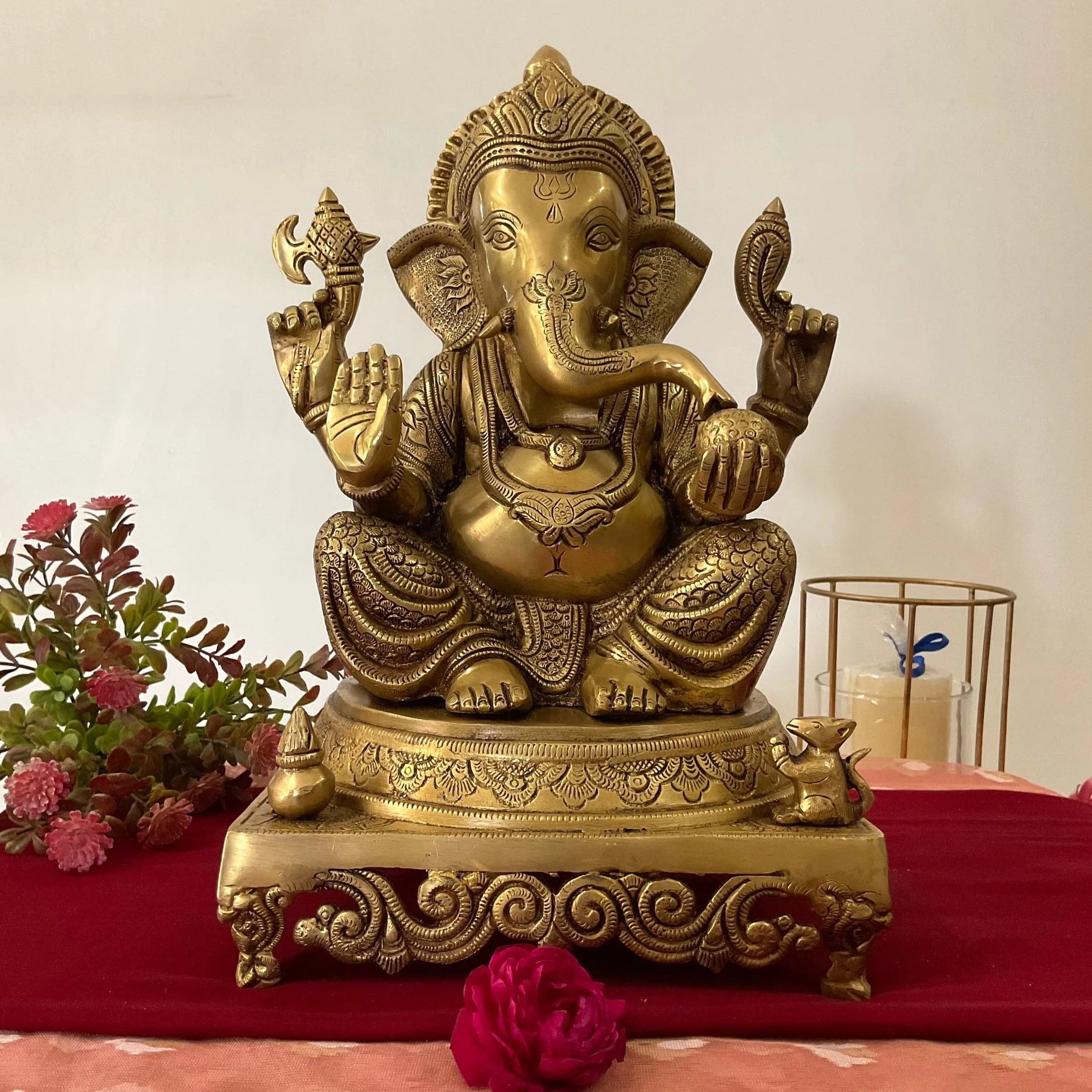 15 Inch Lord Ganesh Brass Idol - Ganpati Decorative Statue for Home Decor