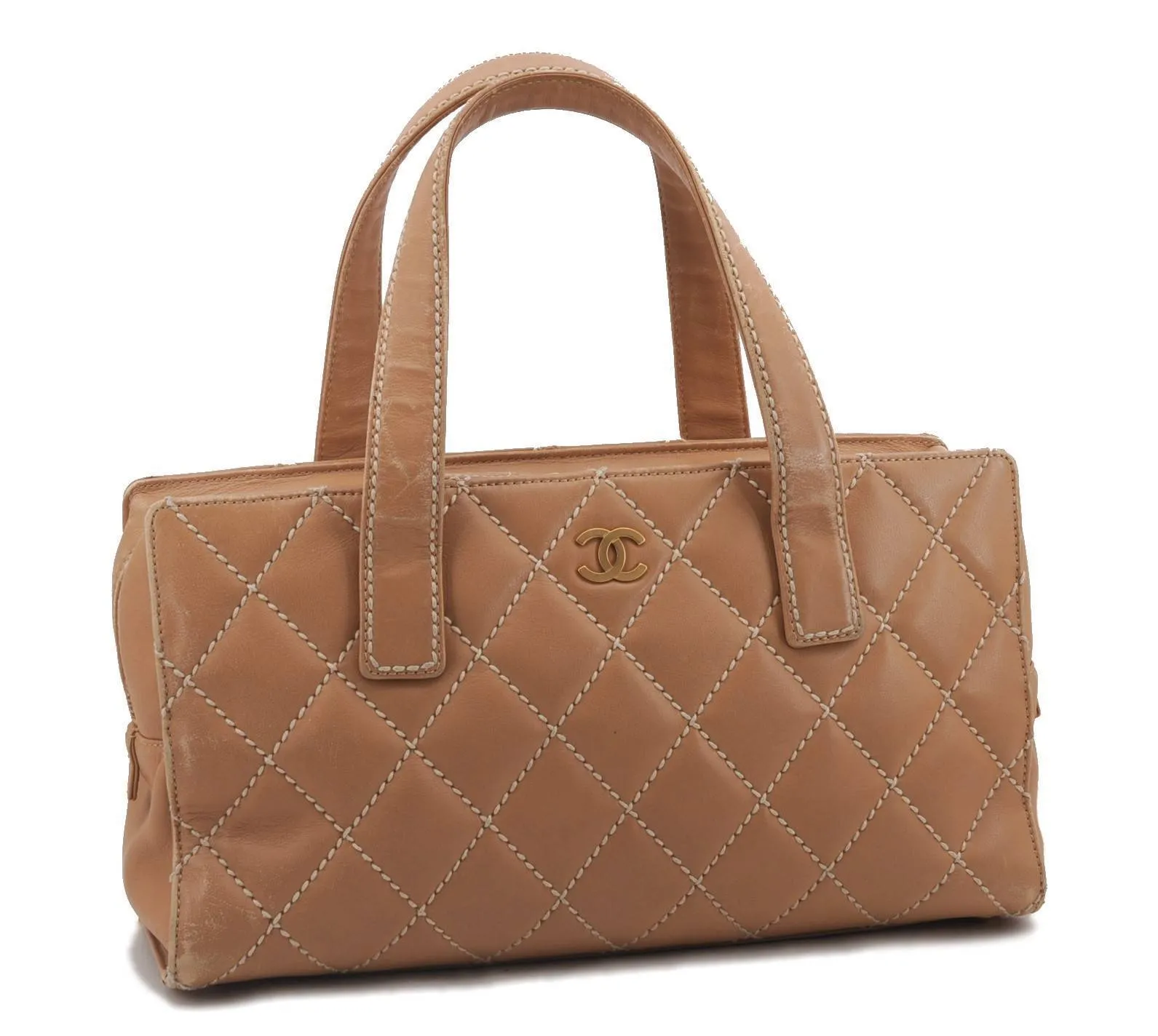 Auth CHANEL Calf Skin Wild Stitch Shoulder Hand Bag Beige CoCo Mark CC 2542B