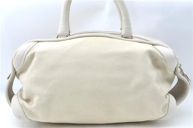 Auth CHANEL Wild Stitch Matelasse Calf Skin Hand Boston Bag Ivory White CC J1585