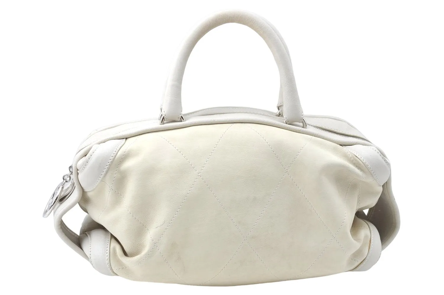 Auth CHANEL Wild Stitch Matelasse Calf Skin Hand Boston Bag Ivory White CC J1585