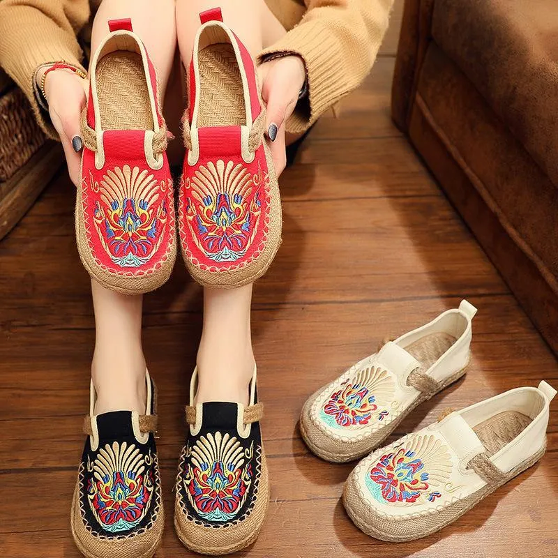 Black Cotton Linen Embroidered Fabric Flat Feet Shoes Splicing Flats