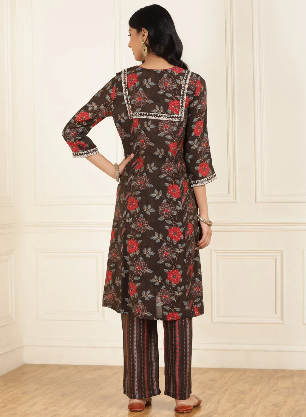 Brown Floral Printed Kurta Set