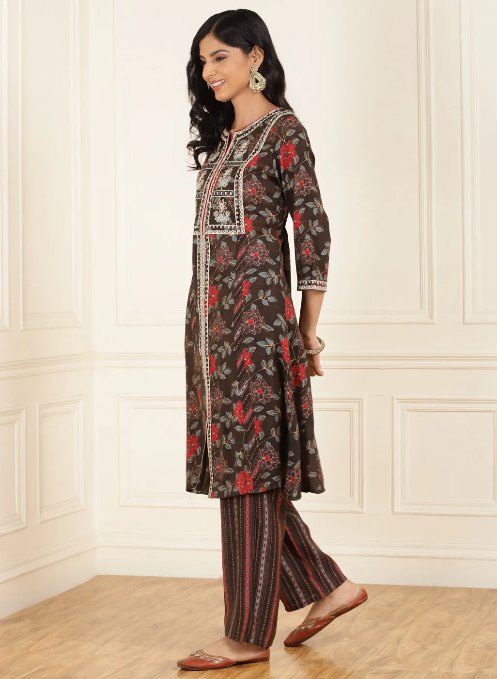 Brown Floral Printed Kurta Set