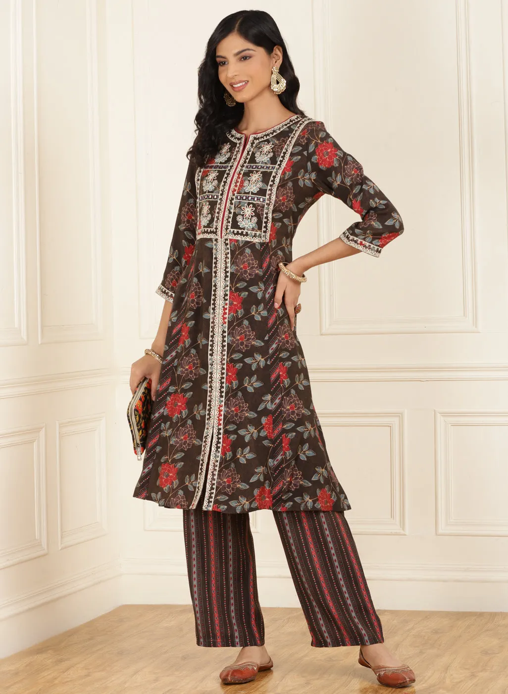 Brown Floral Printed Kurta Set