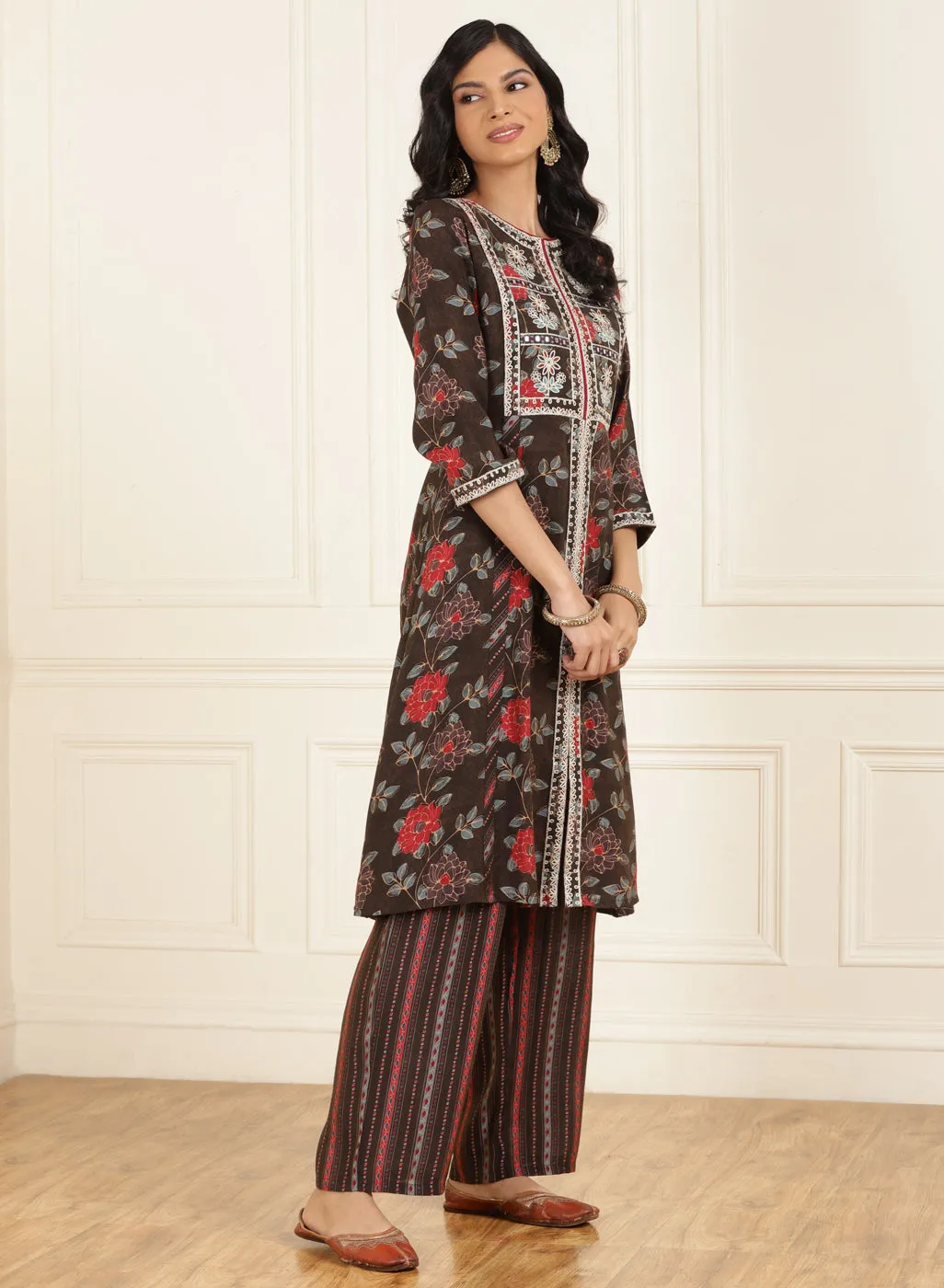 Brown Floral Printed Kurta Set