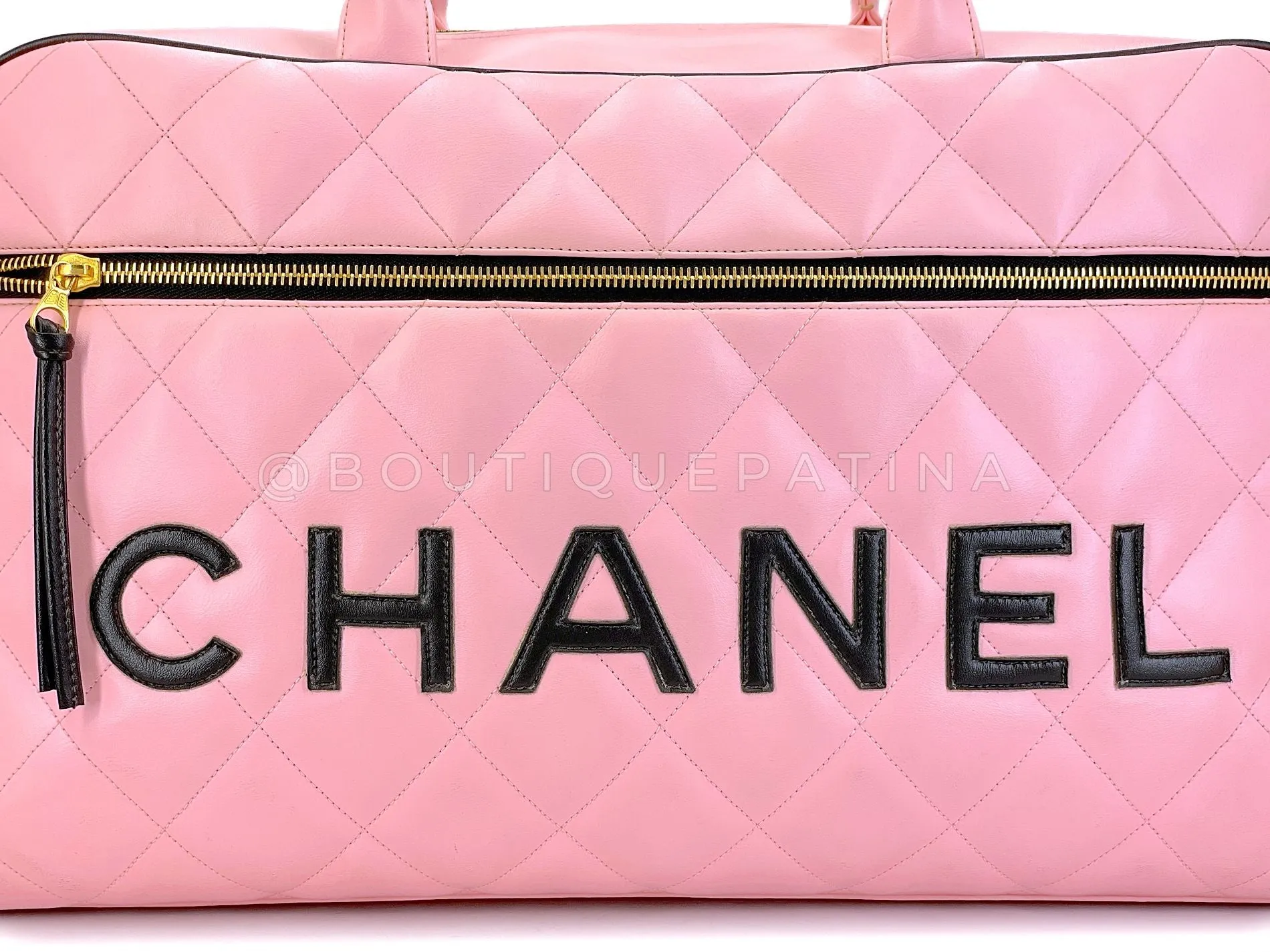 Chanel 1995 Vintage Pink XL Large Duffle Bowler Lettered Logo Bag J90