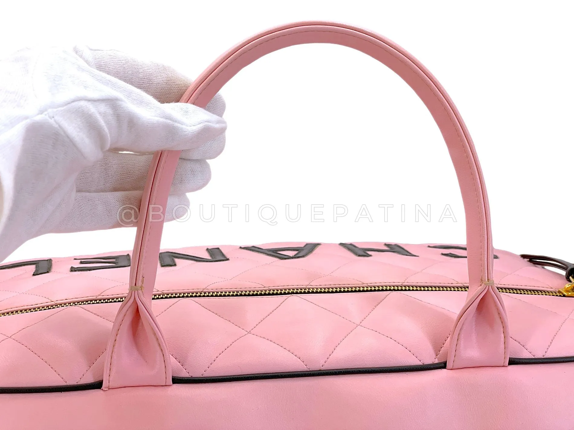 Chanel 1995 Vintage Pink XL Large Duffle Bowler Lettered Logo Bag J90