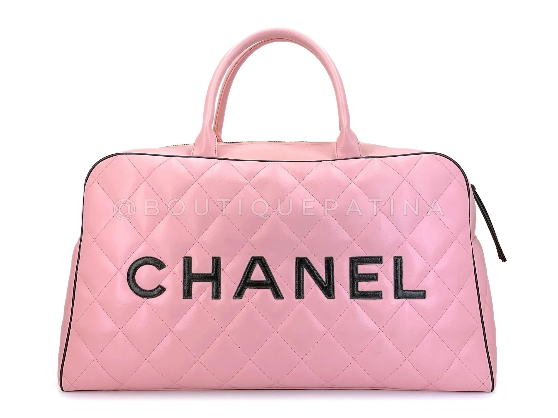 Chanel 1995 Vintage Pink XL Large Duffle Bowler Lettered Logo Bag J90