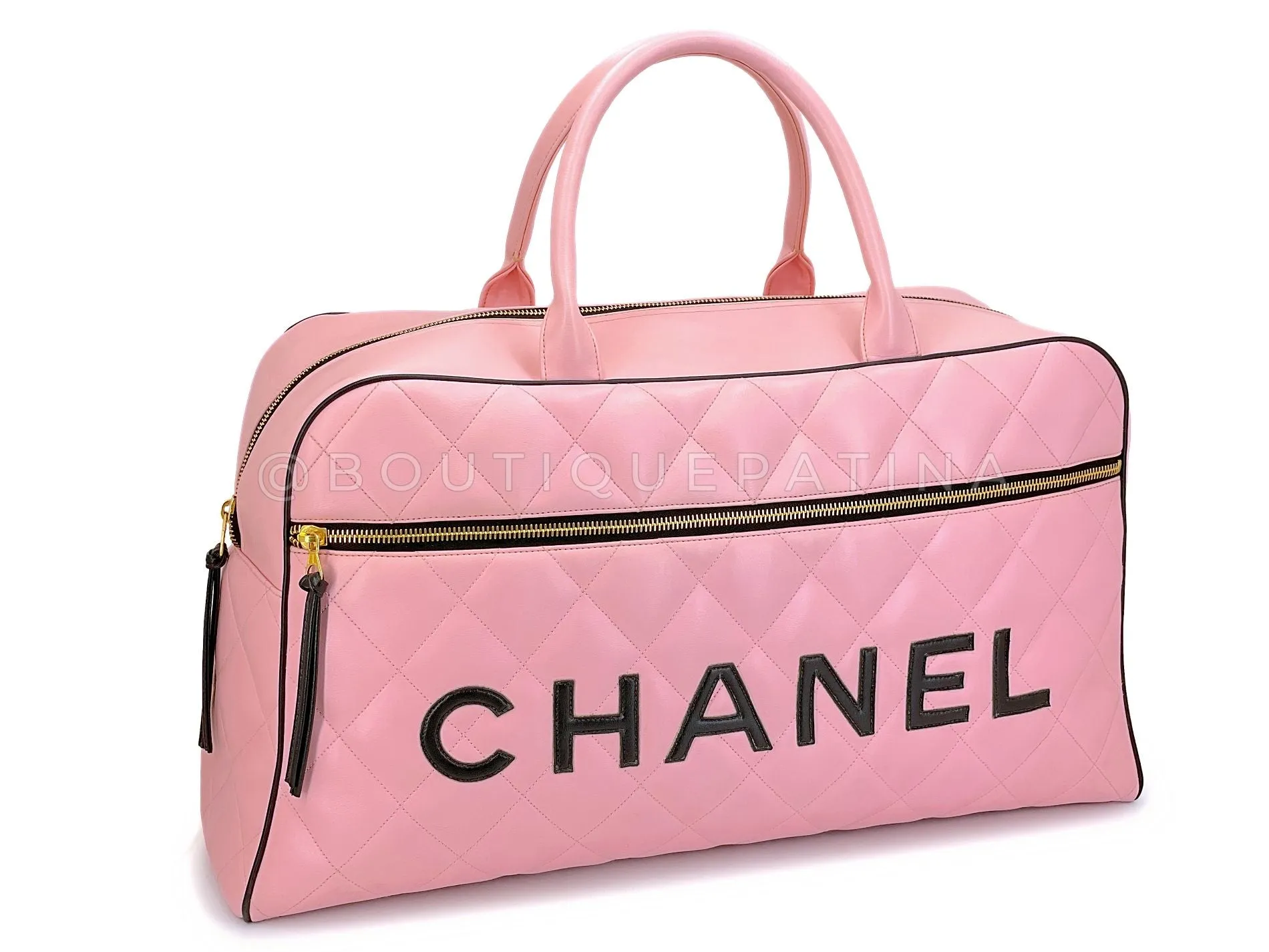 Chanel 1995 Vintage Pink XL Large Duffle Bowler Lettered Logo Bag J90