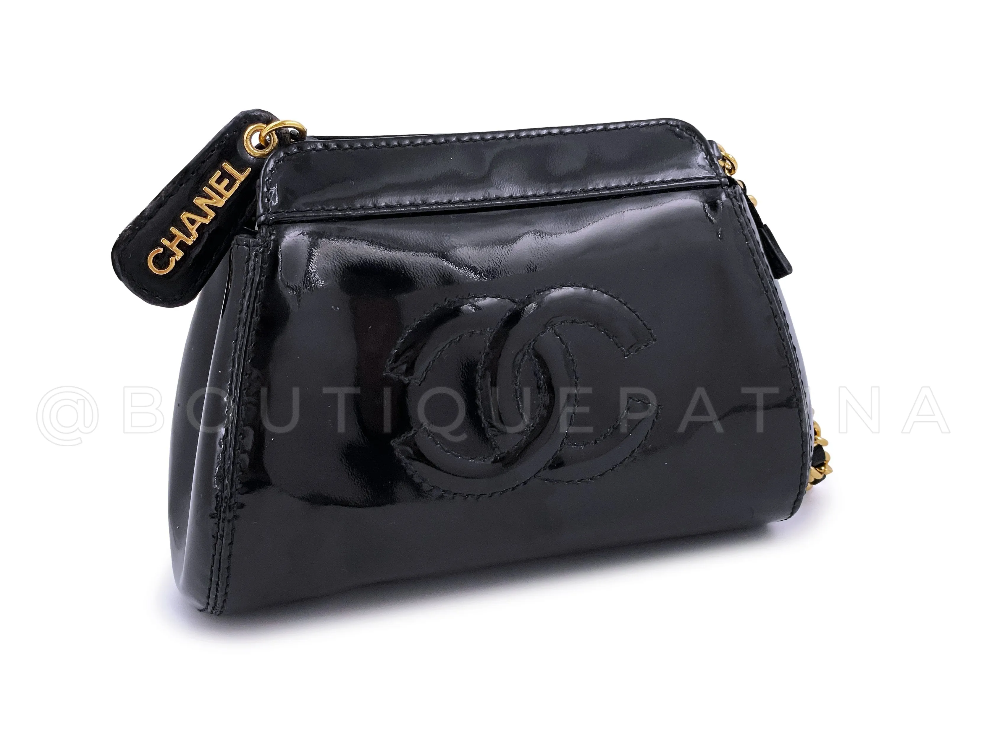 Chanel 1997 Vintage Black Patent Mini Crossbody Zip Pouch Bag 24k GHW