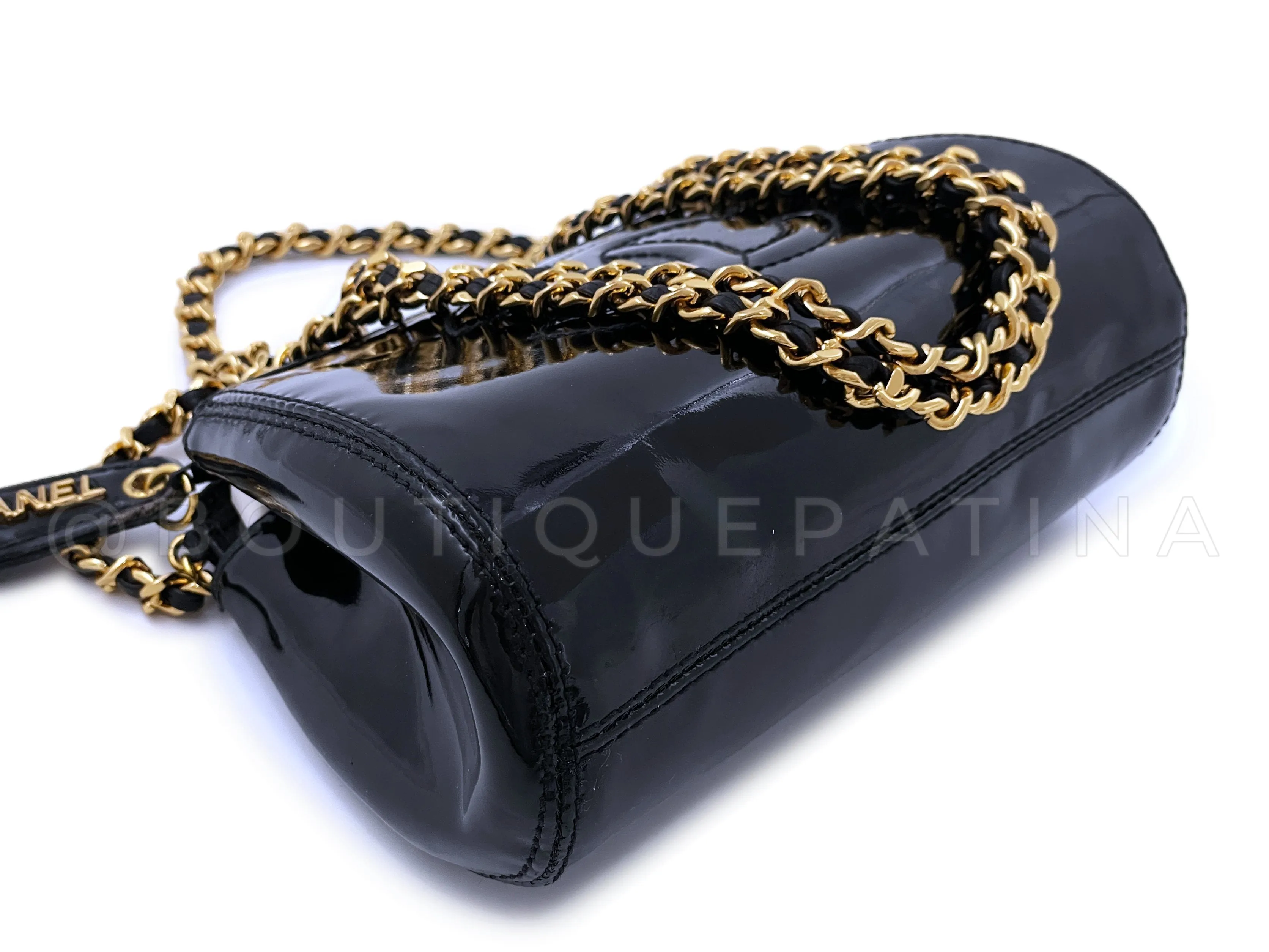 Chanel 1997 Vintage Black Patent Mini Crossbody Zip Pouch Bag 24k GHW