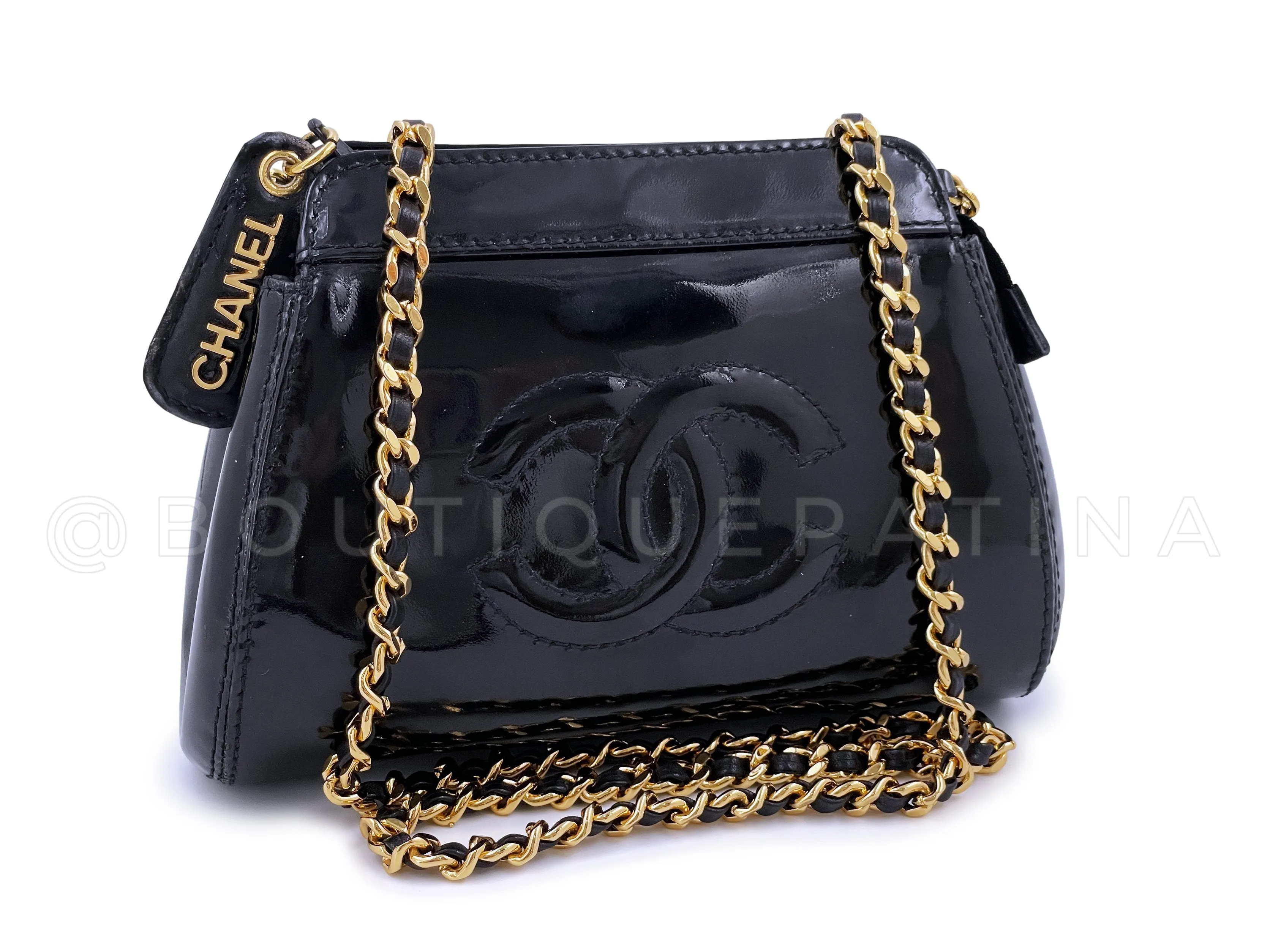 Chanel 1997 Vintage Black Patent Mini Crossbody Zip Pouch Bag 24k GHW