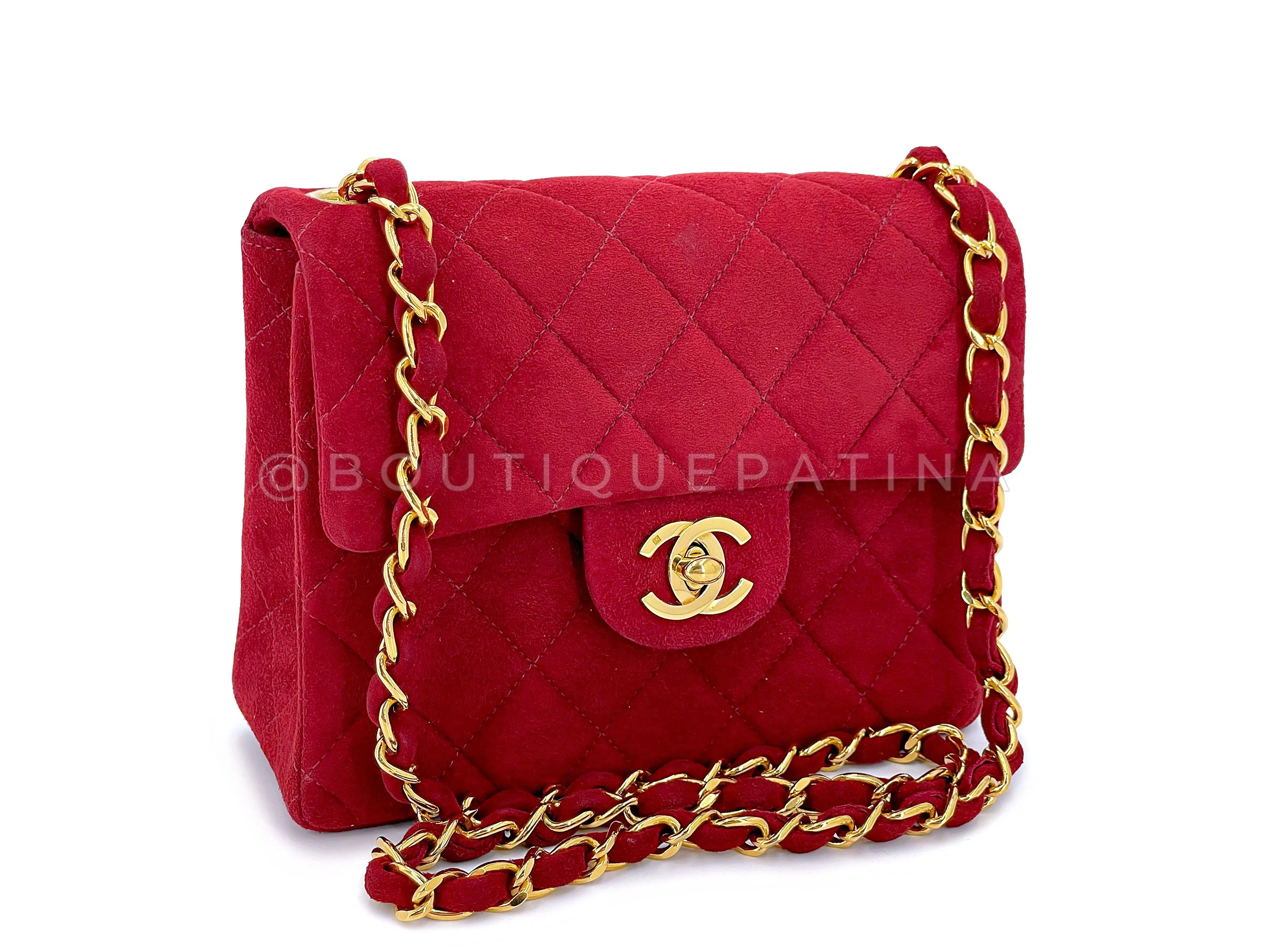 Chanel 1998 Vintage Red Suede Square Mini Flap Bag 24k GHW