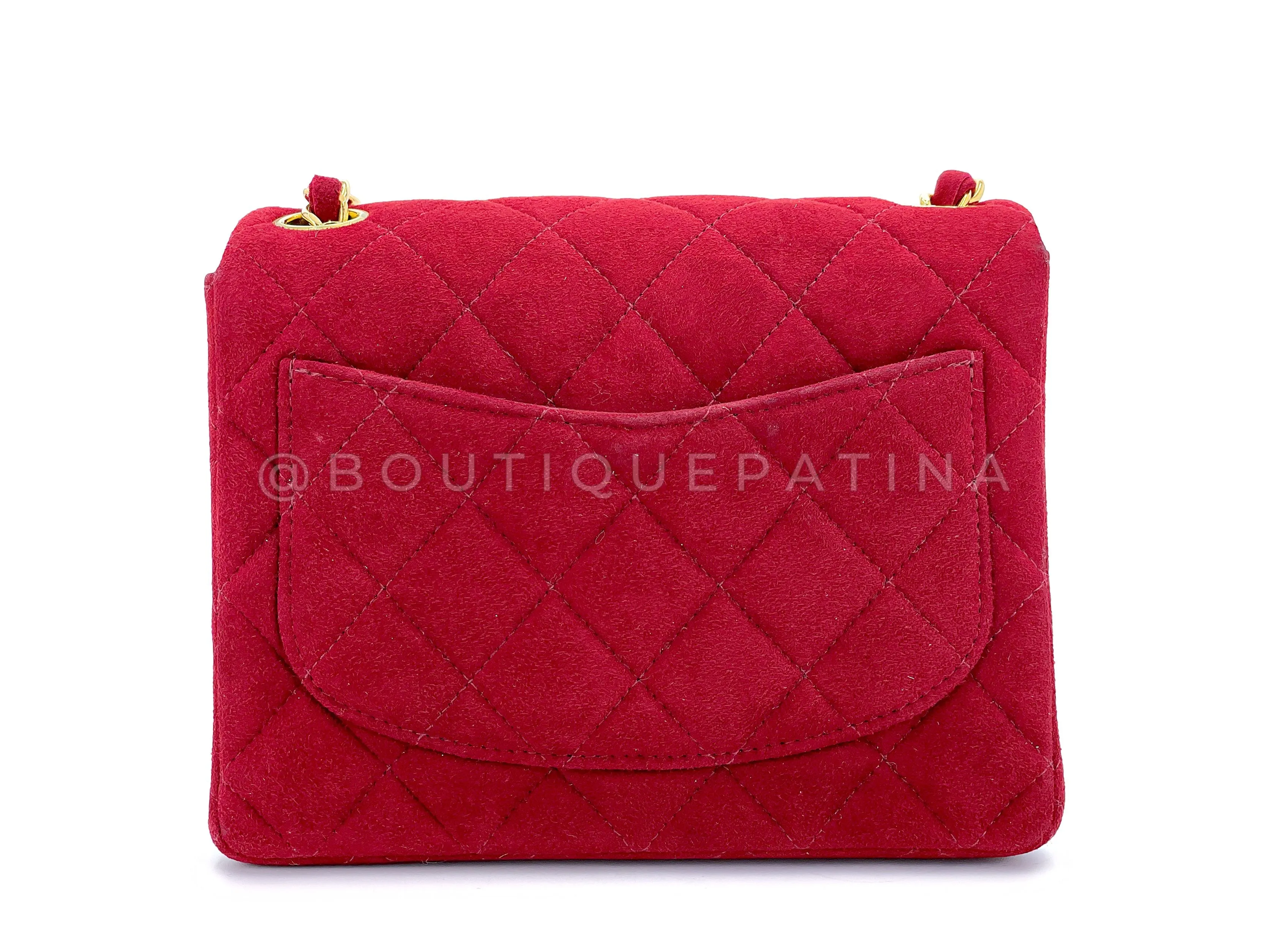 Chanel 1998 Vintage Red Suede Square Mini Flap Bag 24k GHW