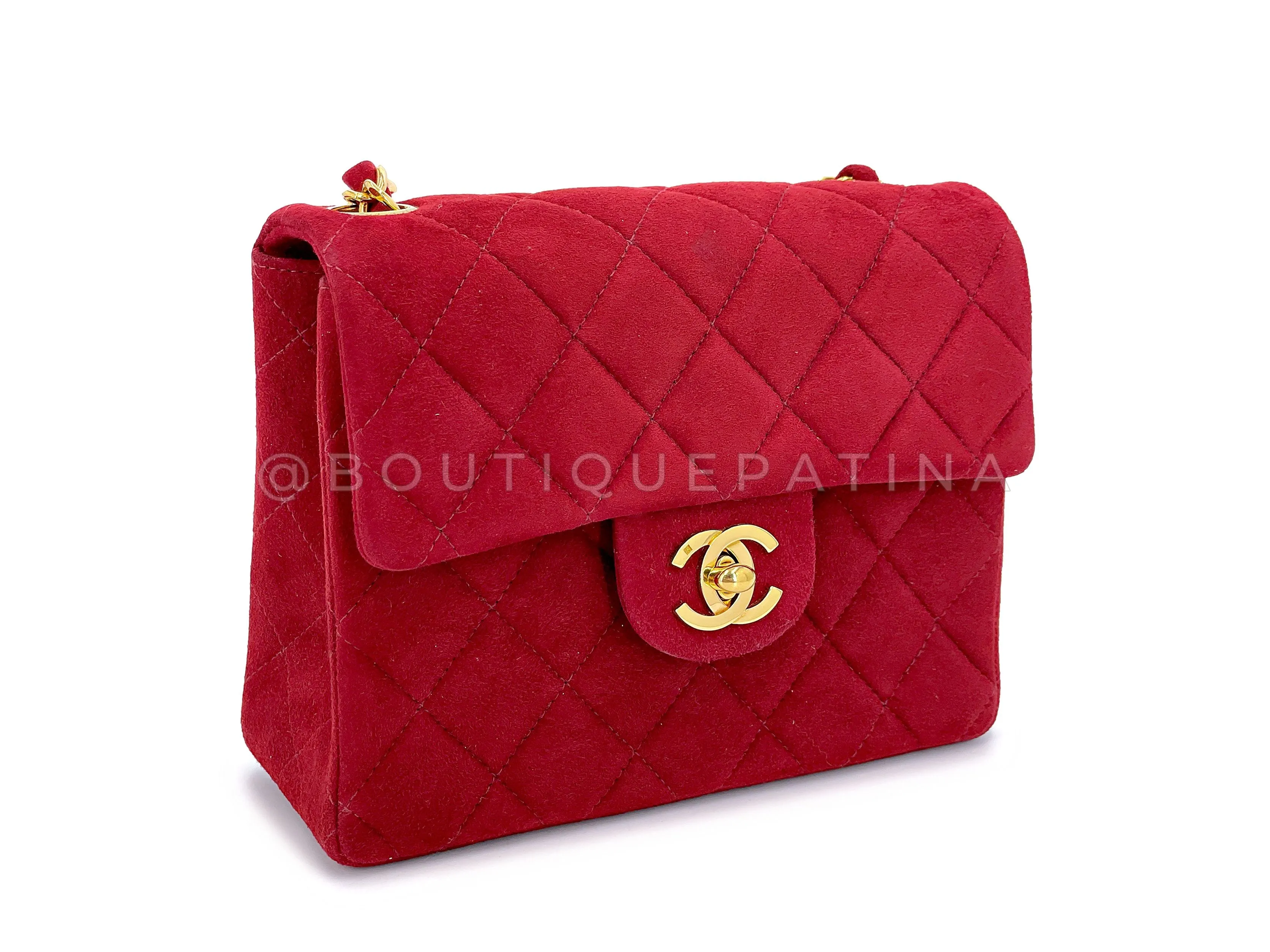 Chanel 1998 Vintage Red Suede Square Mini Flap Bag 24k GHW