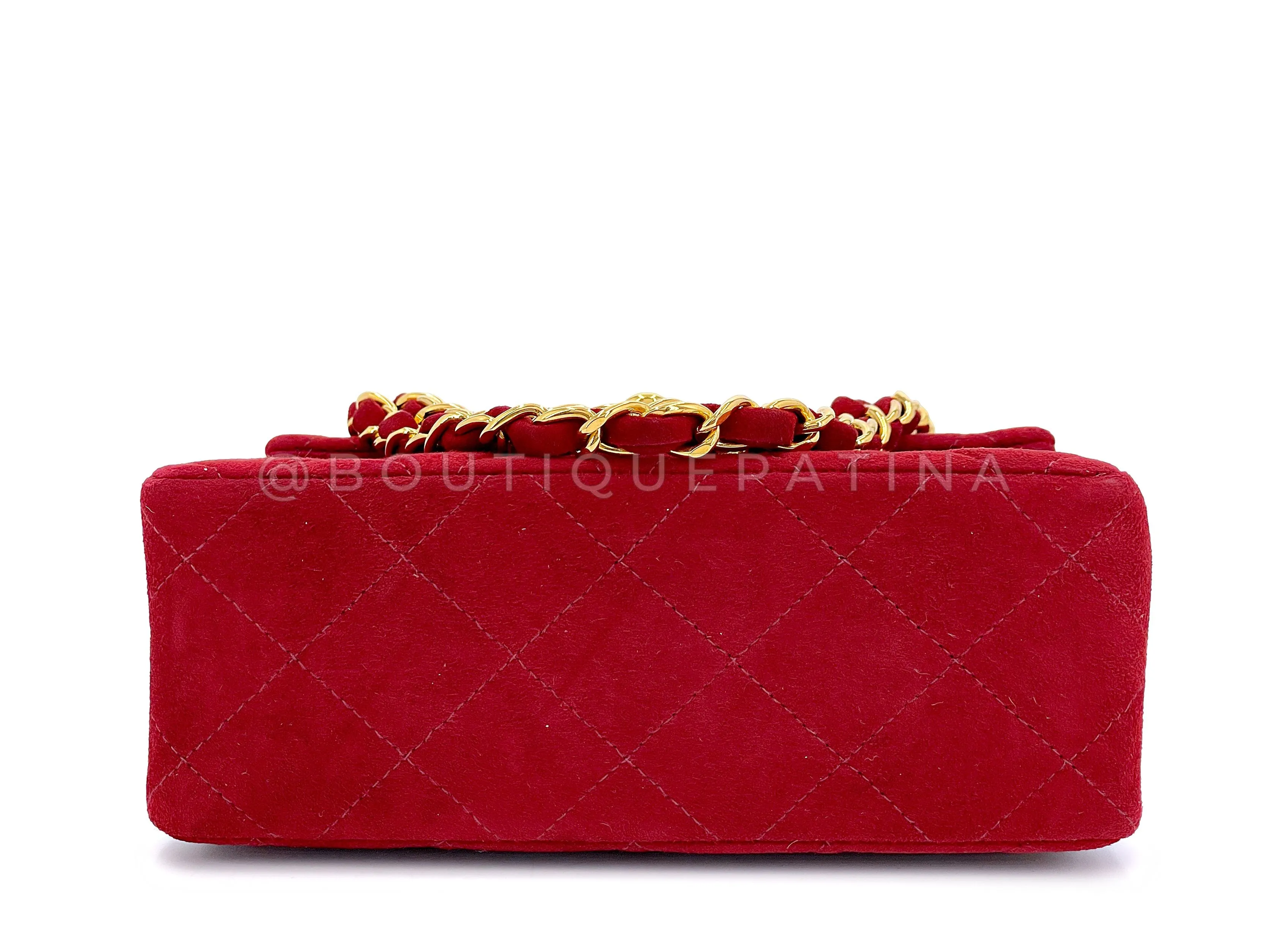 Chanel 1998 Vintage Red Suede Square Mini Flap Bag 24k GHW