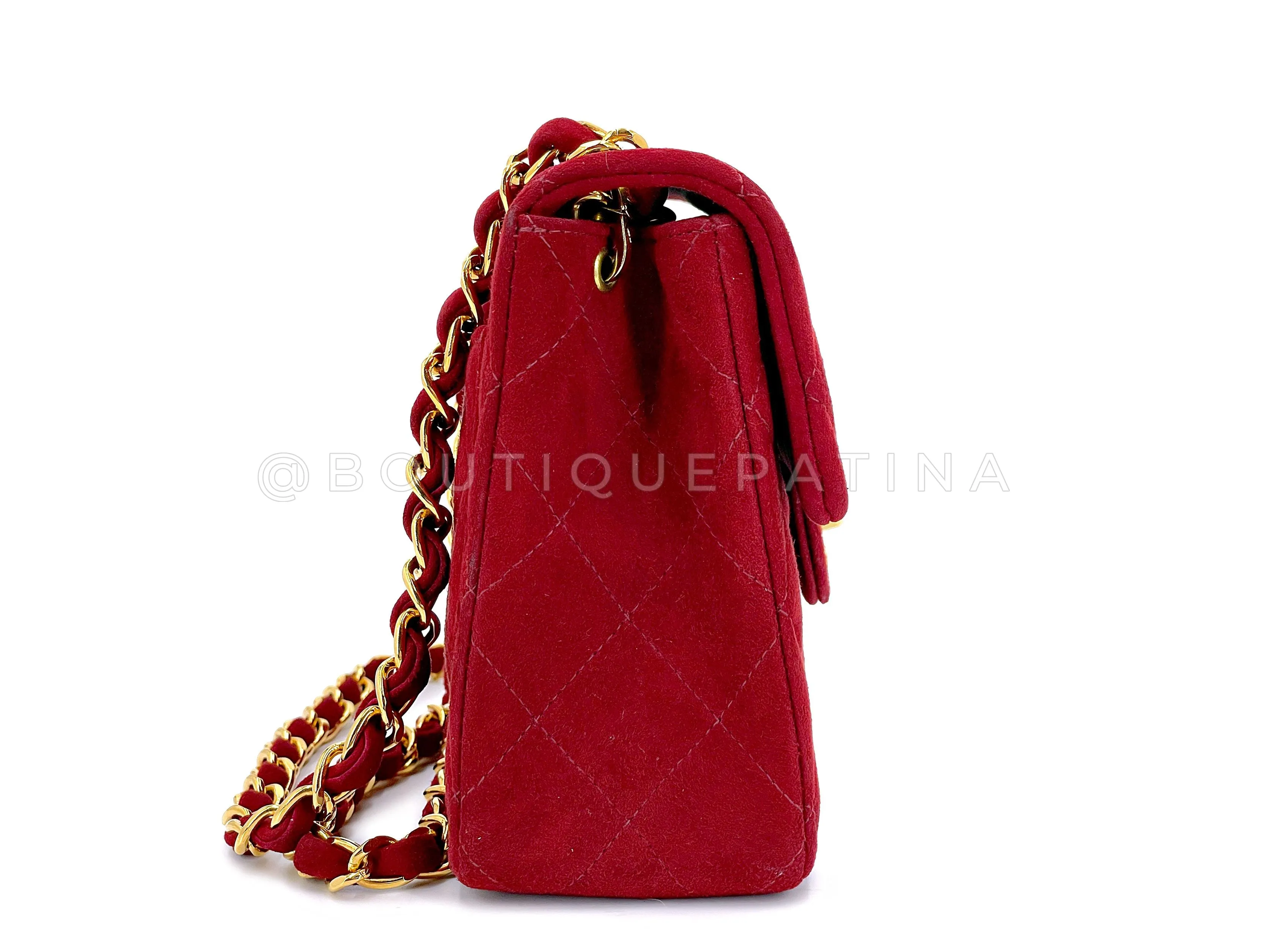 Chanel 1998 Vintage Red Suede Square Mini Flap Bag 24k GHW