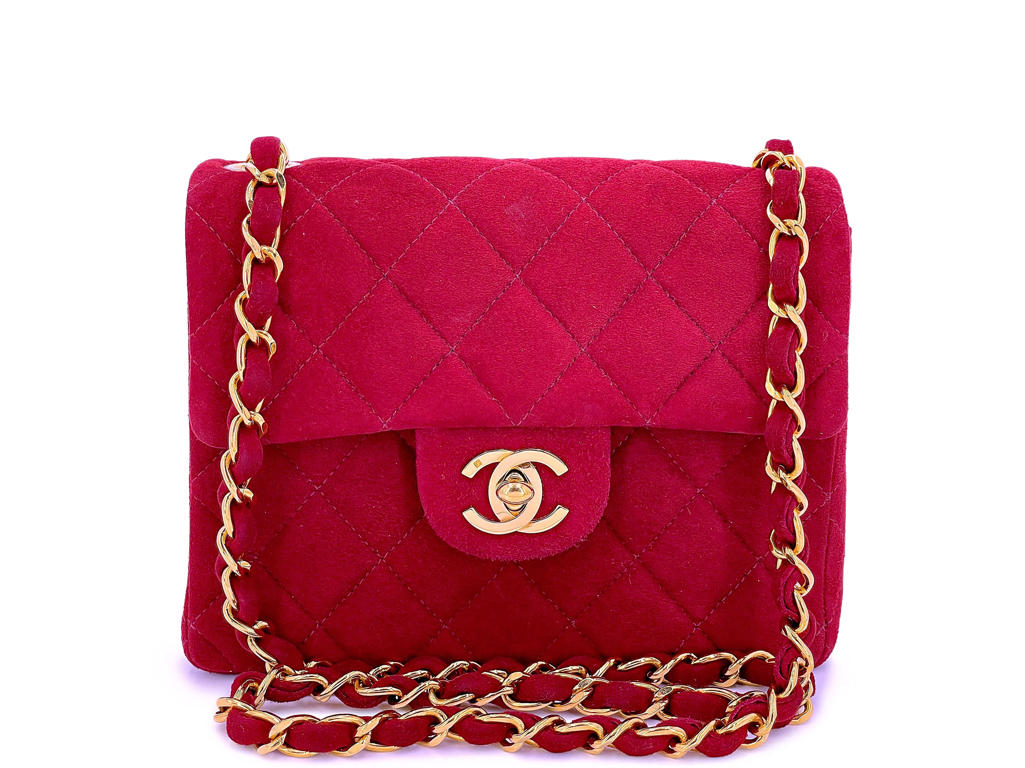 Chanel 1998 Vintage Red Suede Square Mini Flap Bag 24k GHW