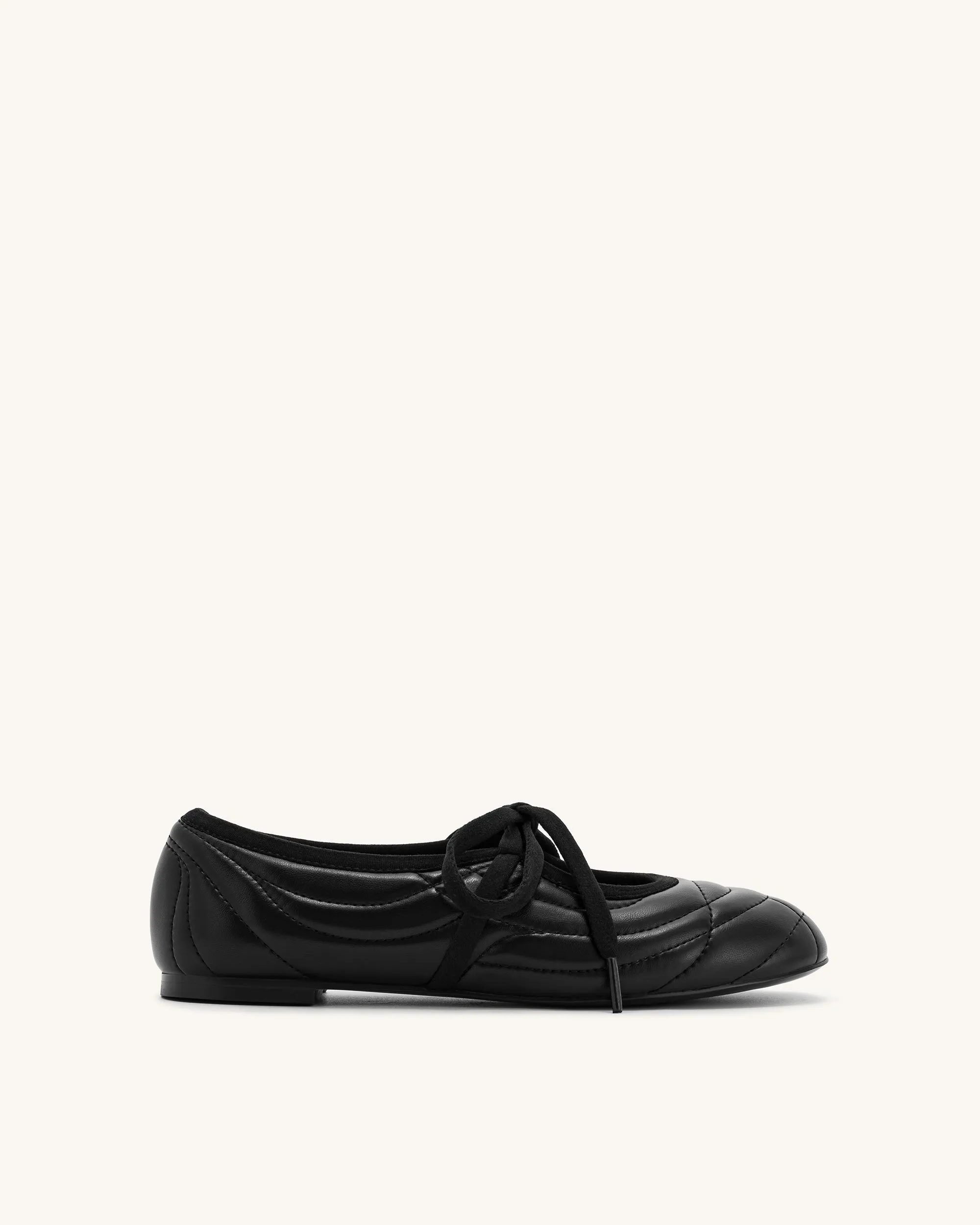 Erika Topstitching lace-up ballet Flats- Black