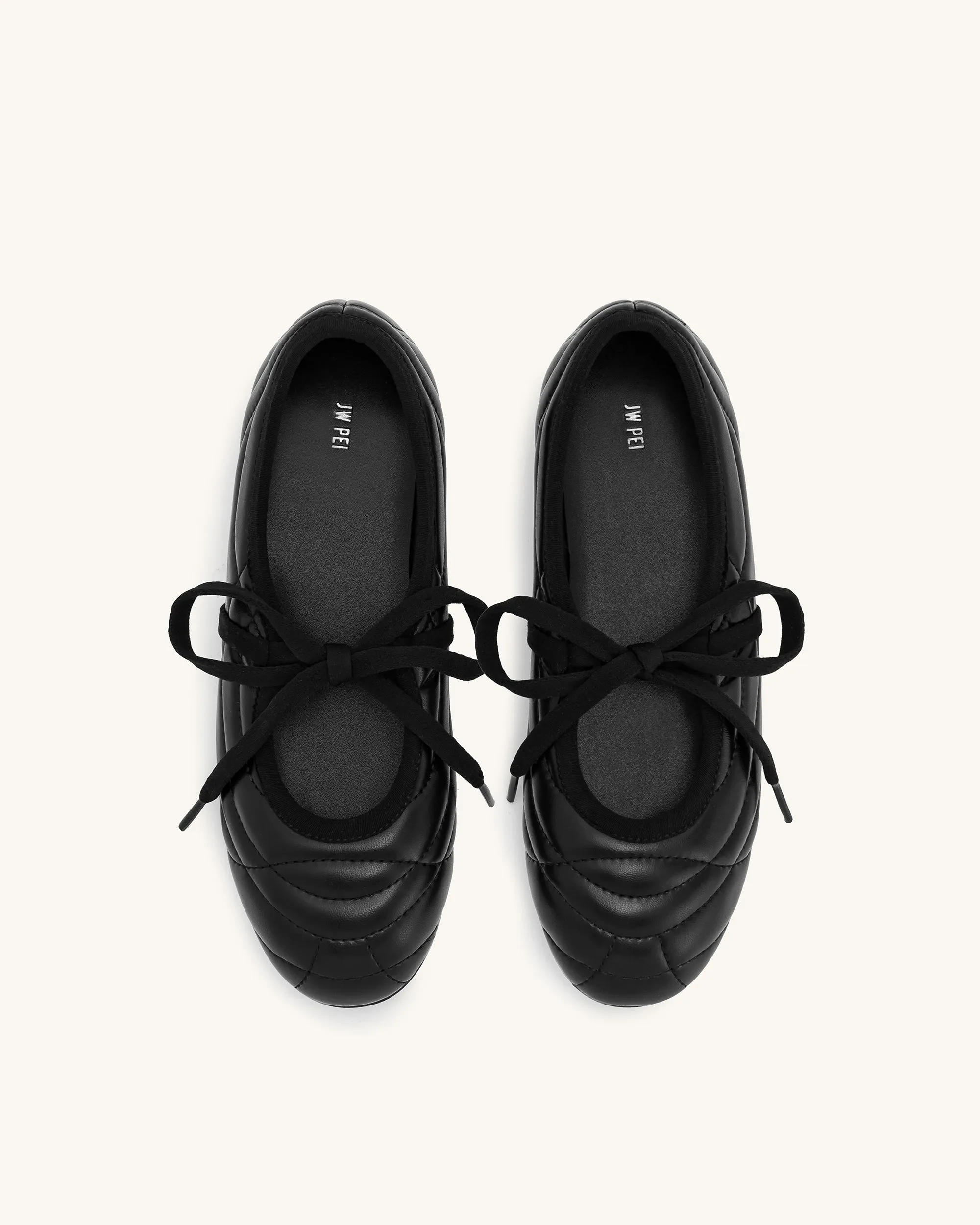 Erika Topstitching lace-up ballet Flats- Black