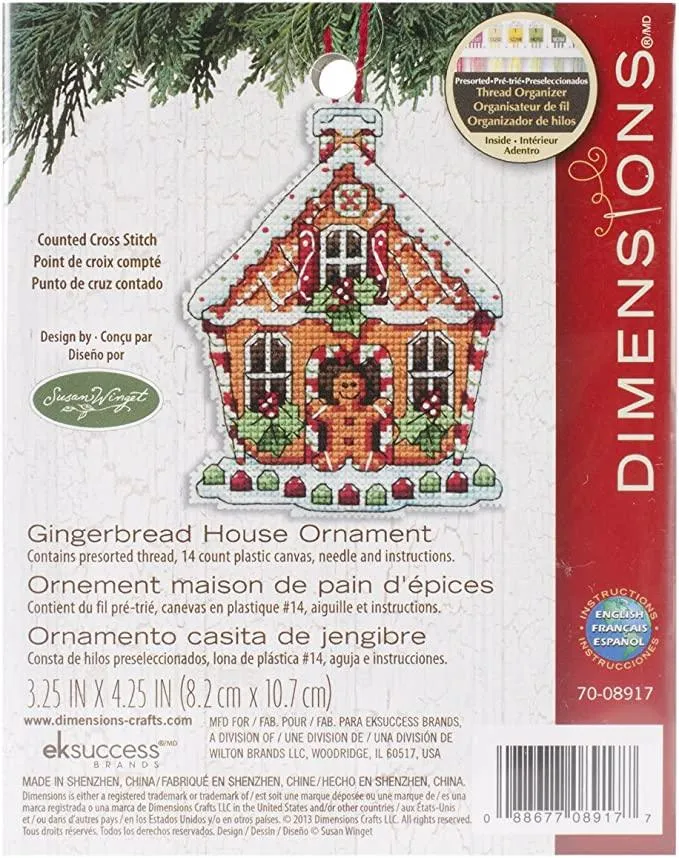 GINGERBREAD HOUSE ORNAMENT, Counted Cross Stitch Kit, 14 count plastic canvas, size 3,25" x 4,25", DIMENSIONS (70-08917)