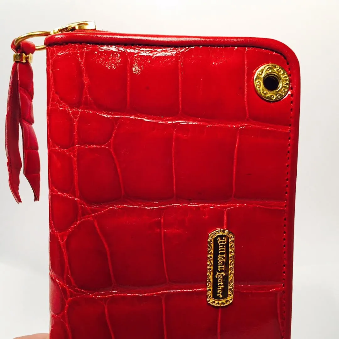 Large Zipper Wallet in Red Shiny Crocodile Leather