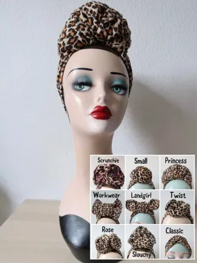 LEOPARD KNOT CHOICE 1940s Pre-tied Stretchy Leopard Print Turban (made to order)