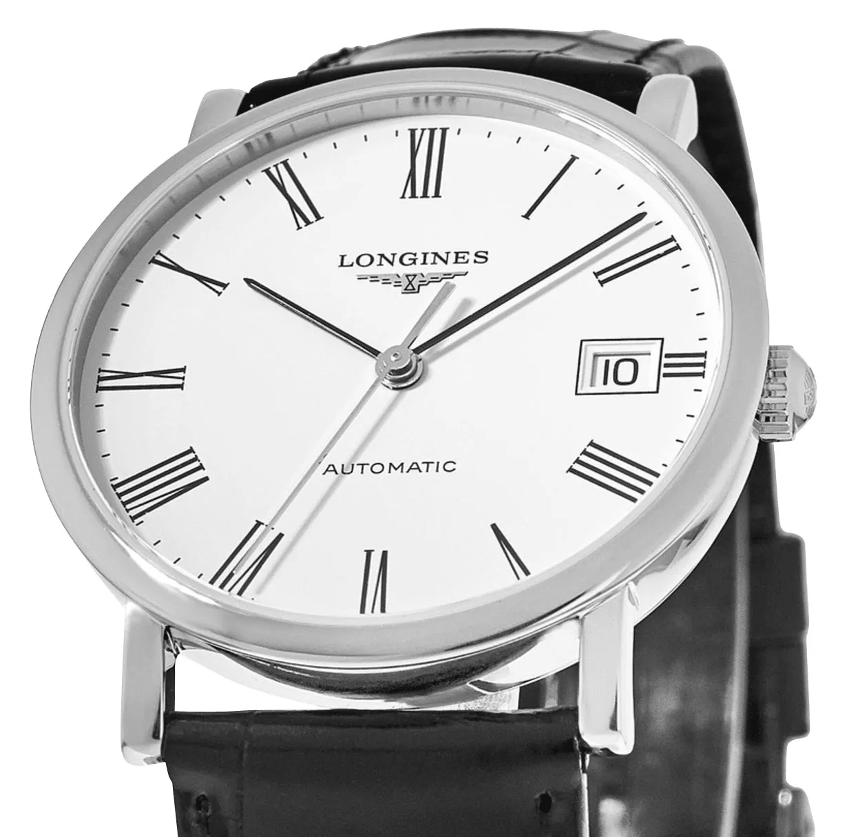 Longines Elegant Automatic Stainless Steel White Dial Black Leather Strap Date Womens Watch L4.809.4.11.2