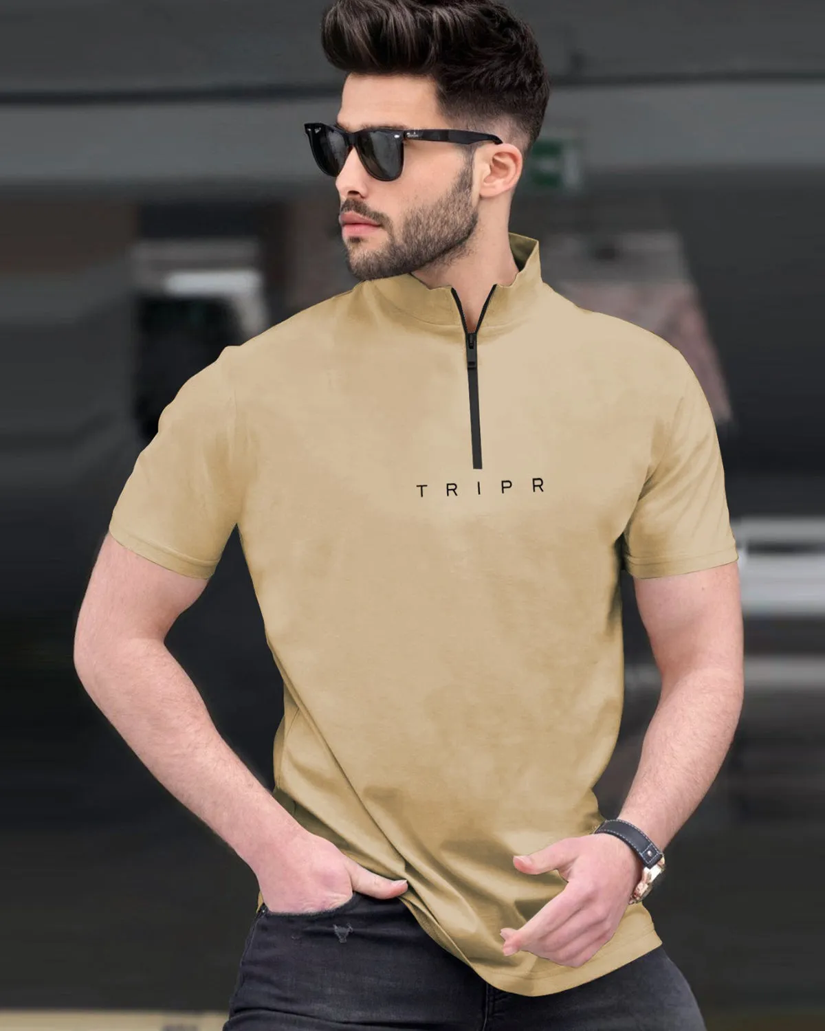 Men Plain Beige Zip Neck Half Sleeve T-shirt