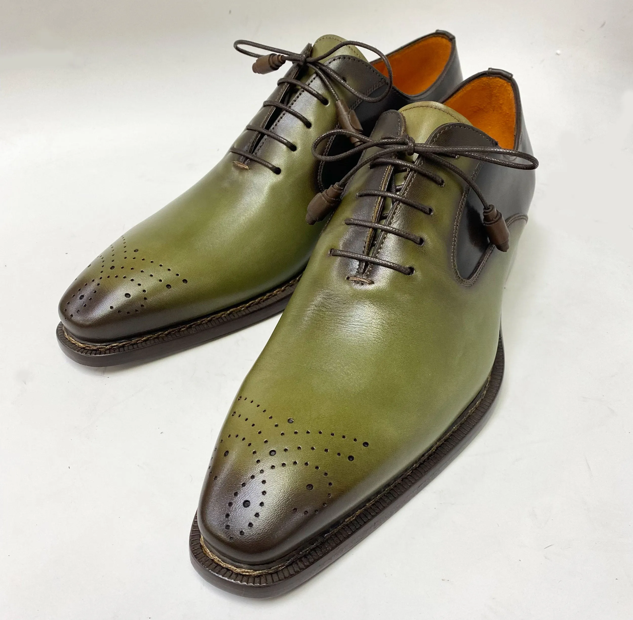 Mezlan Burnished Calfskin Lace-Up Oxford Olive/Brown