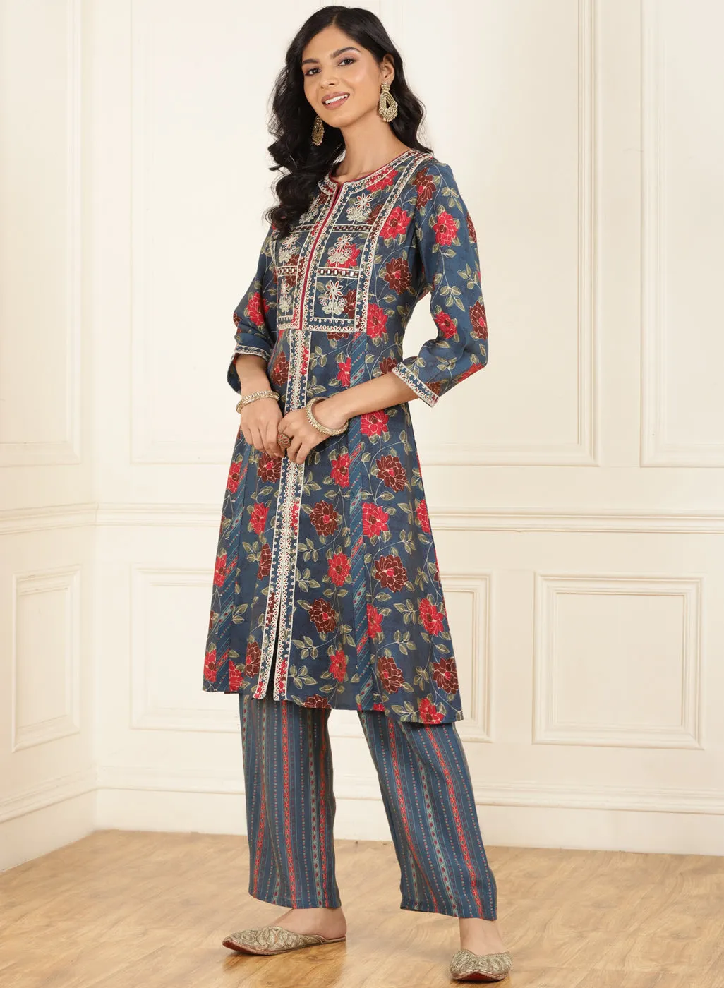 Midnight Blue Floral Printed Kurta Set