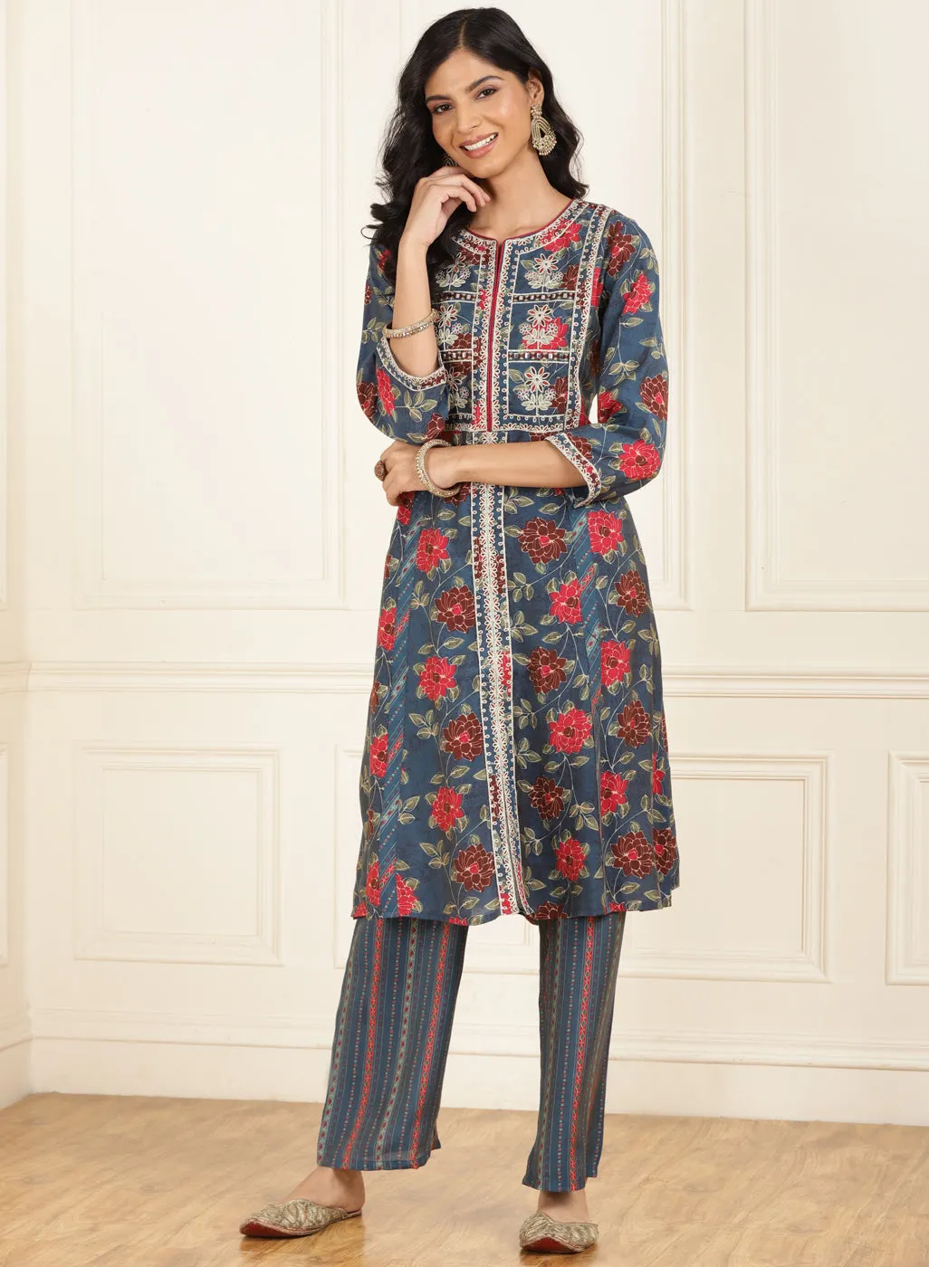 Midnight Blue Floral Printed Kurta Set