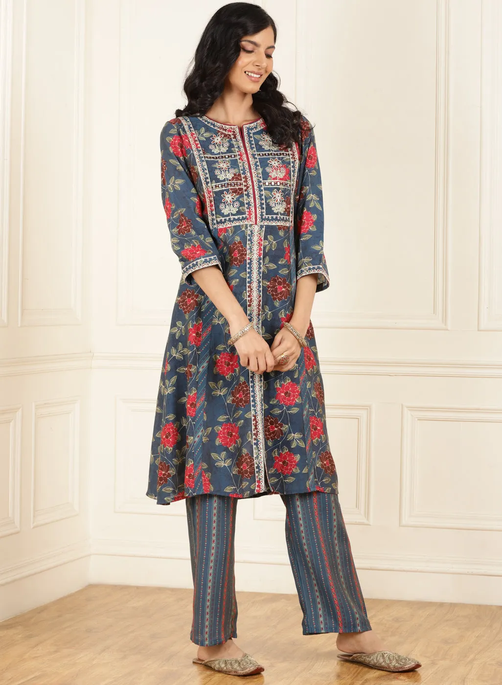 Midnight Blue Floral Printed Kurta Set