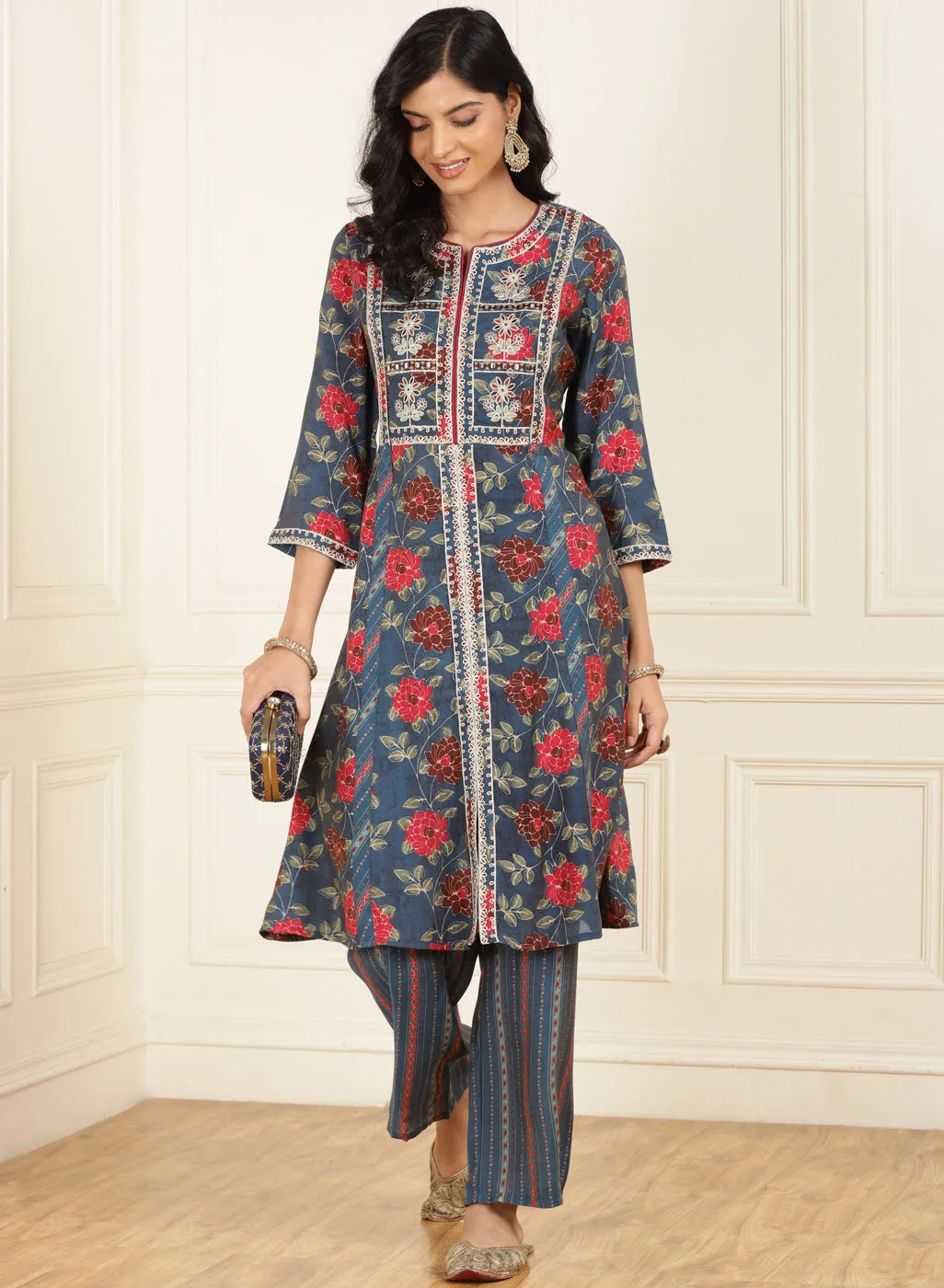 Midnight Blue Floral Printed Kurta Set