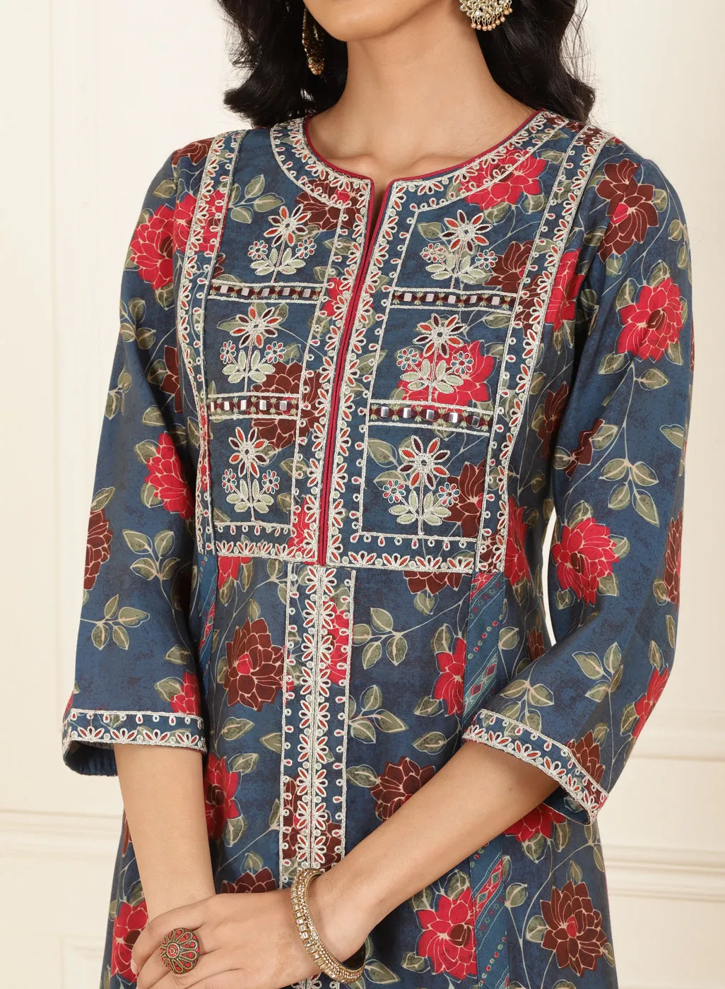 Midnight Blue Floral Printed Kurta Set