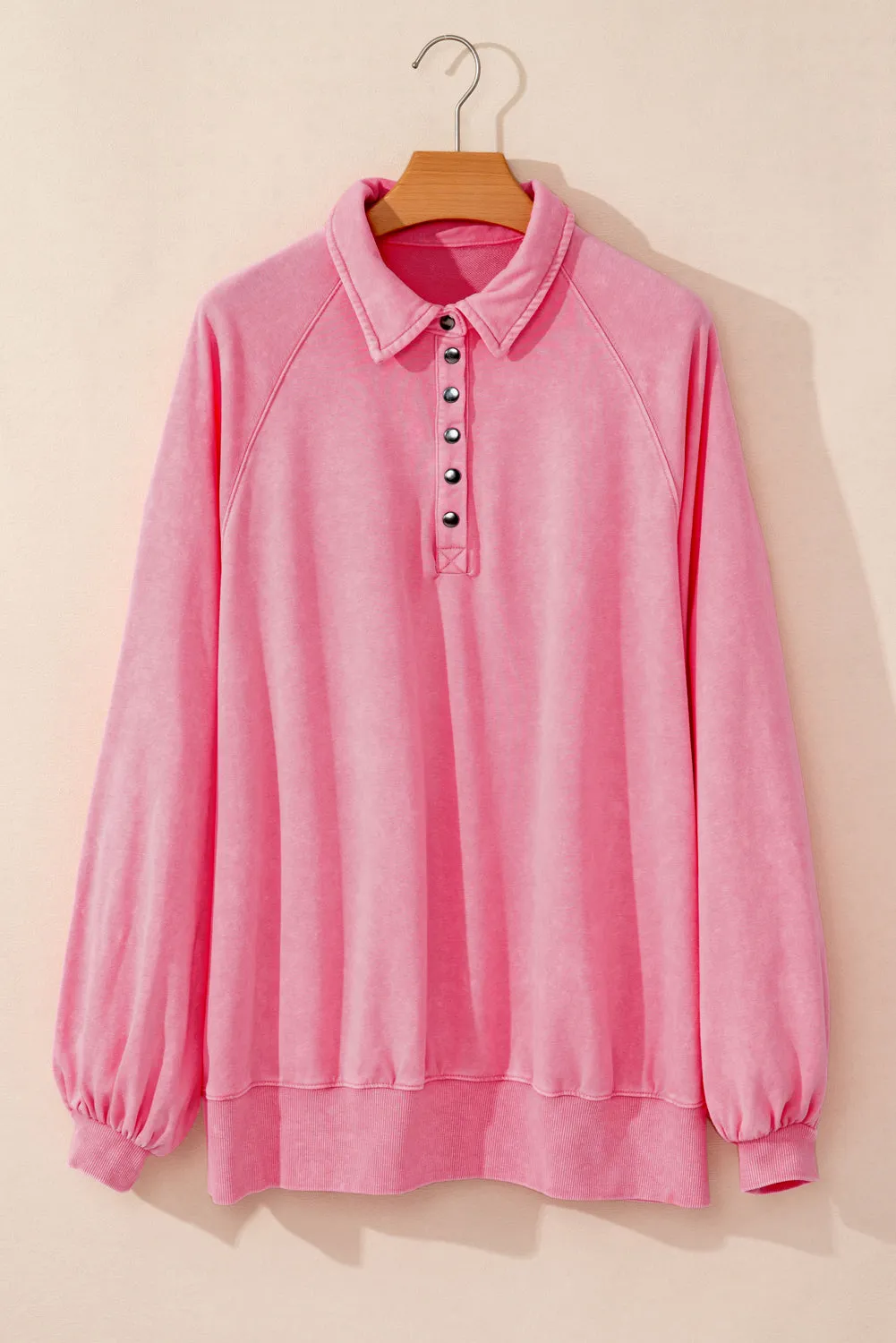 Pink Solid Snap Buttons Collared Balloon Sleeve Oversized Sweatshirt