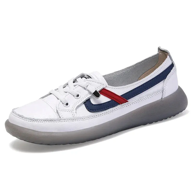 Sport Shoes Women Natural Genuine Leather Flat Casual Ballet Flats Lace Up White Court Sneakers Ladies Flats