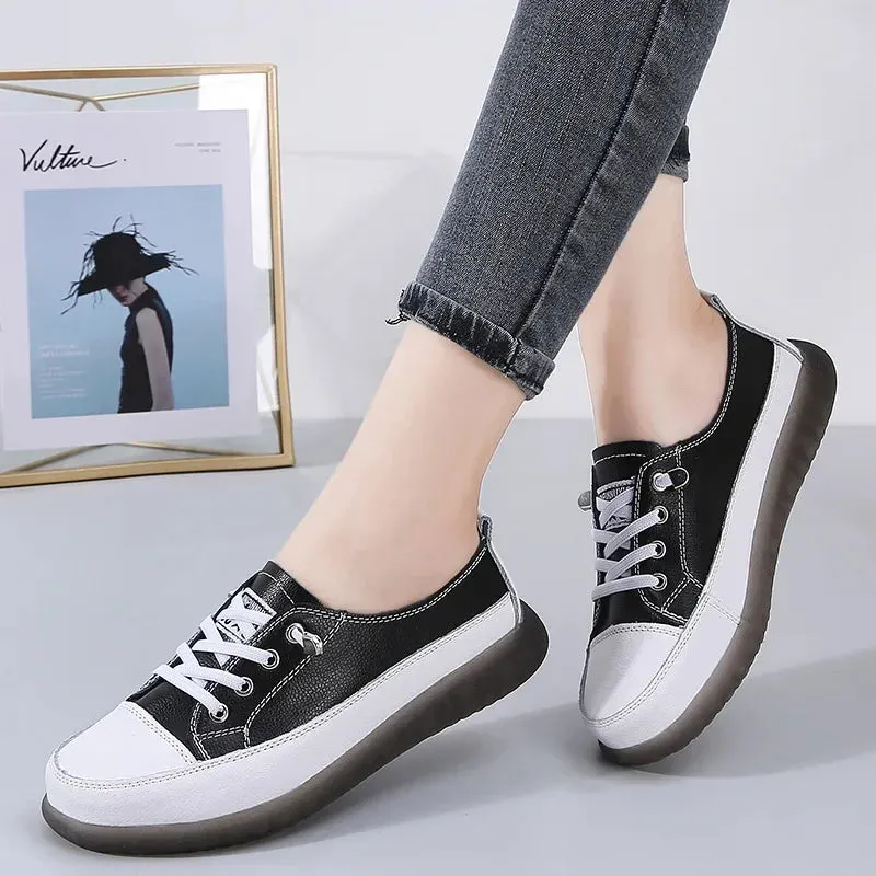 Sport Shoes Women Natural Genuine Leather Flat Casual Ballet Flats Lace Up White Court Sneakers Ladies Flats