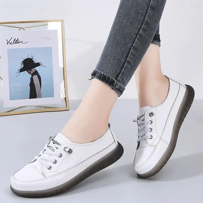 Sport Shoes Women Natural Genuine Leather Flat Casual Ballet Flats Lace Up White Court Sneakers Ladies Flats