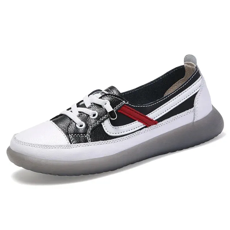 Sport Shoes Women Natural Genuine Leather Flat Casual Ballet Flats Lace Up White Court Sneakers Ladies Flats