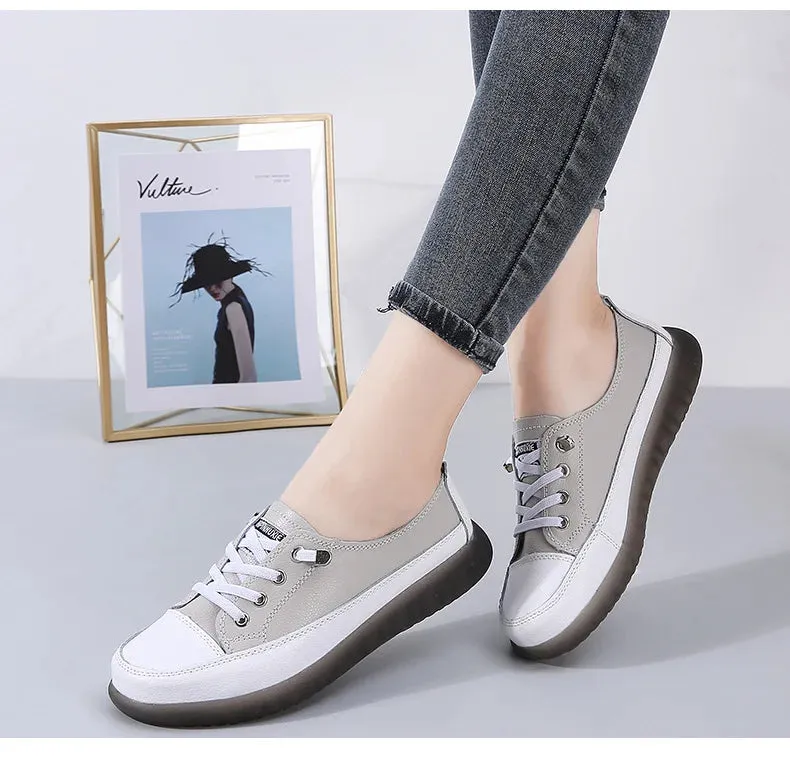 Sport Shoes Women Natural Genuine Leather Flat Casual Ballet Flats Lace Up White Court Sneakers Ladies Flats