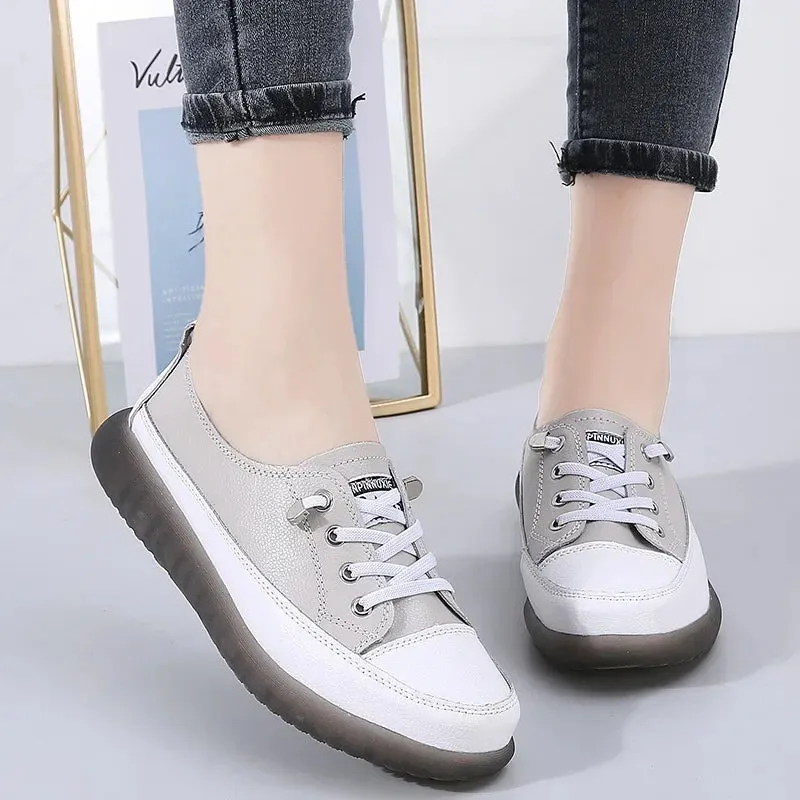 Sport Shoes Women Natural Genuine Leather Flat Casual Ballet Flats Lace Up White Court Sneakers Ladies Flats