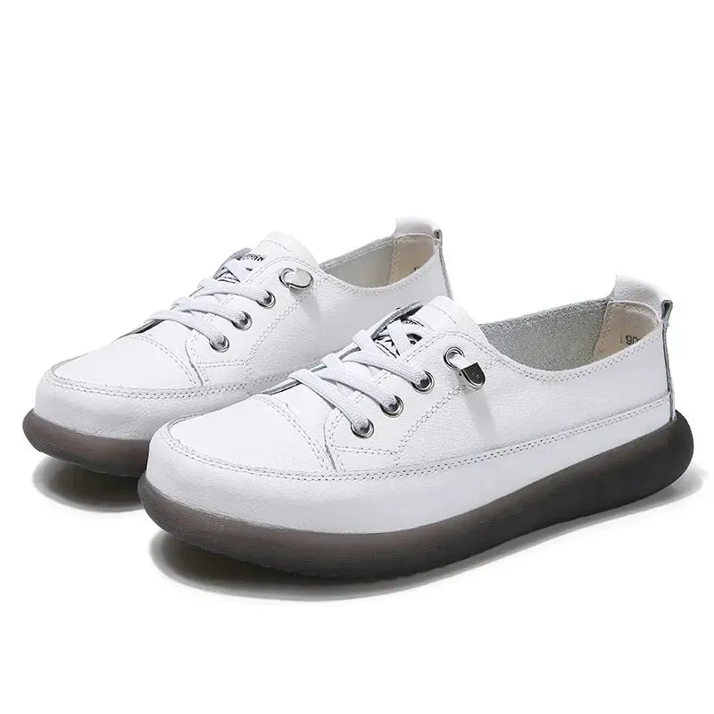 Sport Shoes Women Natural Genuine Leather Flat Casual Ballet Flats Lace Up White Court Sneakers Ladies Flats