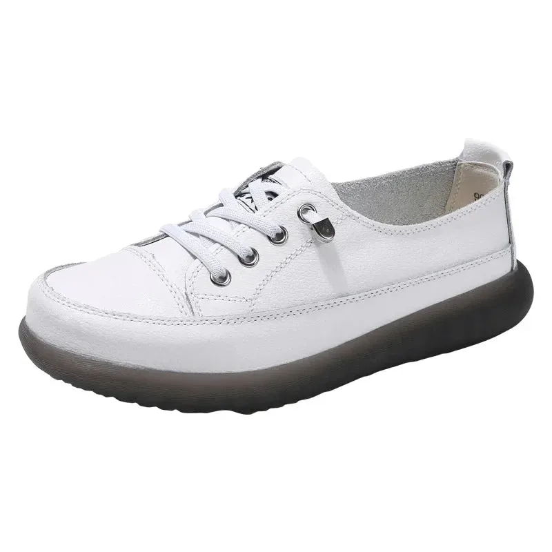 Sport Shoes Women Natural Genuine Leather Flat Casual Ballet Flats Lace Up White Court Sneakers Ladies Flats