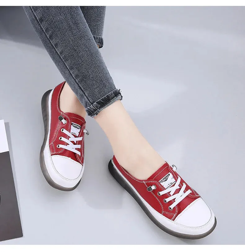 Sport Shoes Women Natural Genuine Leather Flat Casual Ballet Flats Lace Up White Court Sneakers Ladies Flats