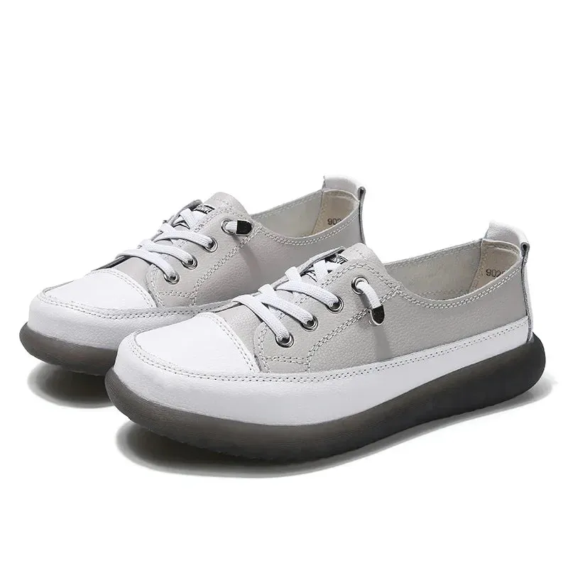 Sport Shoes Women Natural Genuine Leather Flat Casual Ballet Flats Lace Up White Court Sneakers Ladies Flats