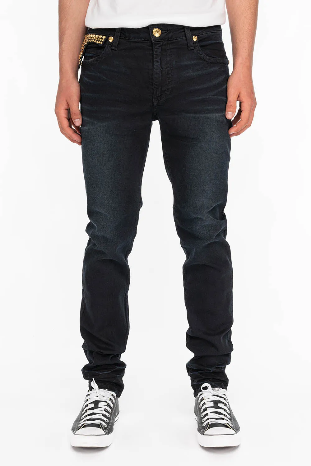 ZIPPER KILLER FLAP MENS JEANS IN F_D UP BLACK WITH STUDS AND CRYSTALS