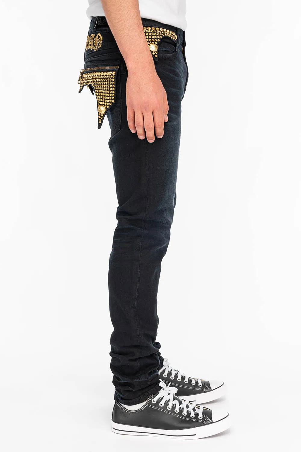 ZIPPER KILLER FLAP MENS JEANS IN F_D UP BLACK WITH STUDS AND CRYSTALS